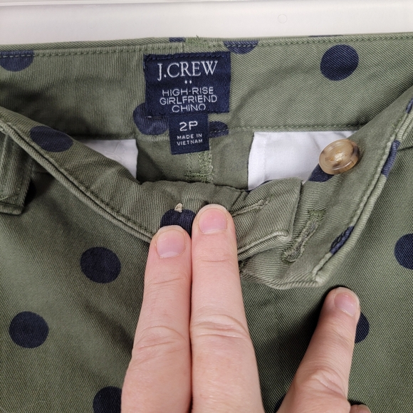 J. Crew Green & Navy Cropped Polka Dot Pants 2P High Rise Girlfriend Chino - Picture 6 of 11